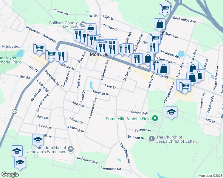 map of restaurants, bars, coffee shops, grocery stores, and more near 15 Lake Street in Monticello