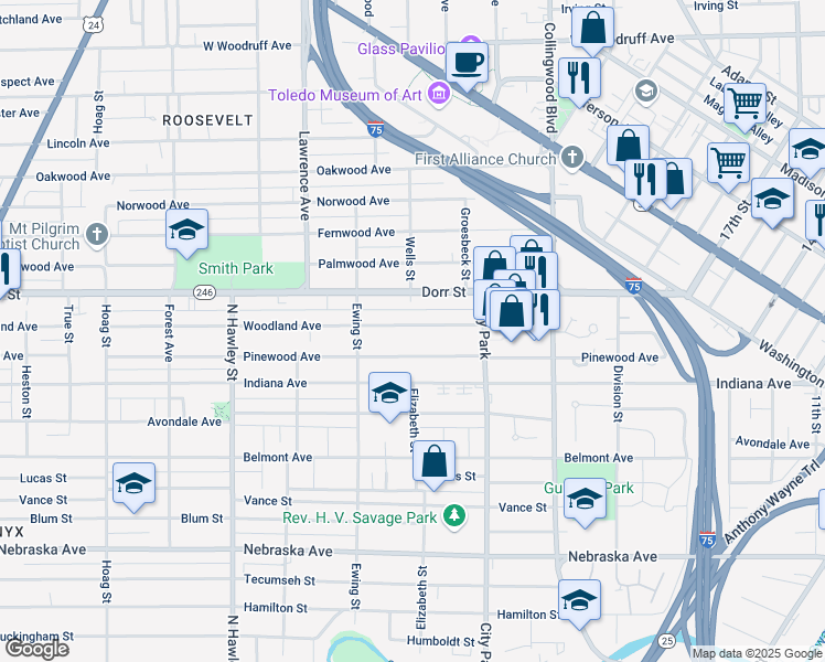 map of restaurants, bars, coffee shops, grocery stores, and more near 675 Woodland Avenue in Toledo