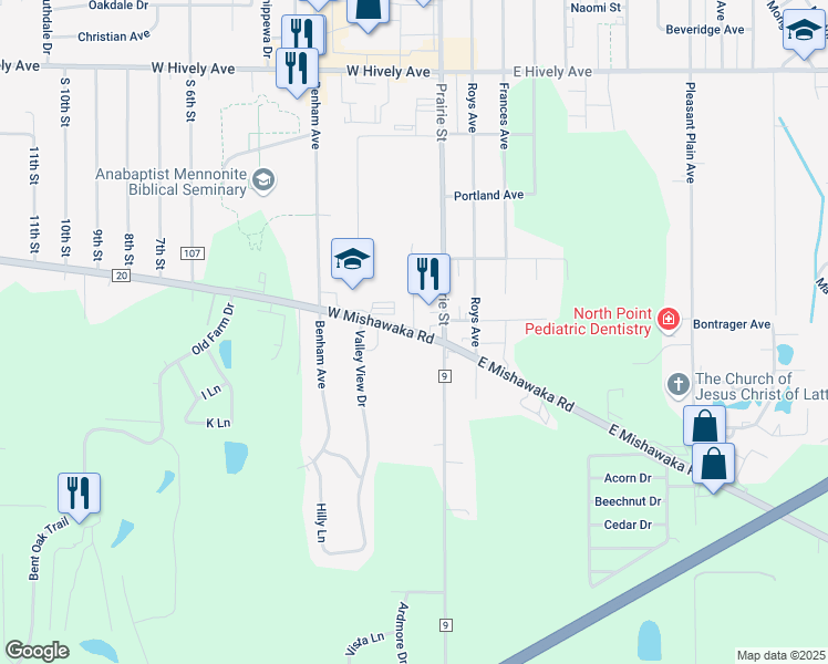 map of restaurants, bars, coffee shops, grocery stores, and more near 138 West Mishawaka Road in Elkhart
