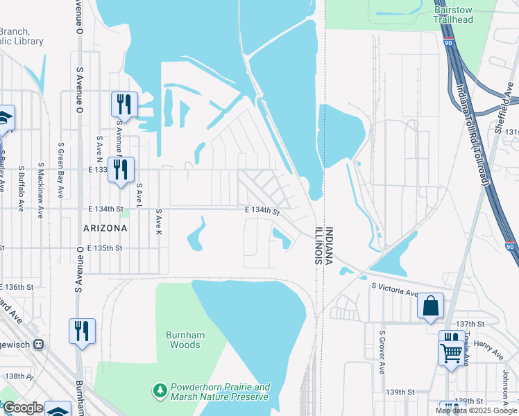 map of restaurants, bars, coffee shops, grocery stores, and more near 4000 East 134th Street in Chicago