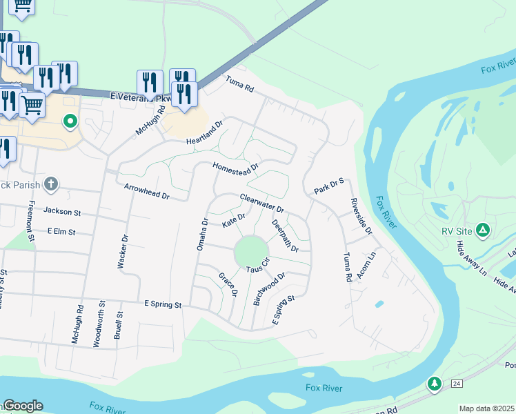 map of restaurants, bars, coffee shops, grocery stores, and more near 1202 Kate Drive in Yorkville