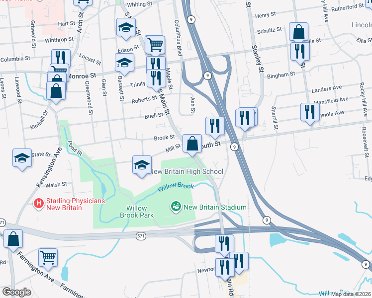 map of restaurants, bars, coffee shops, grocery stores, and more near 487 South Main Street in New Britain