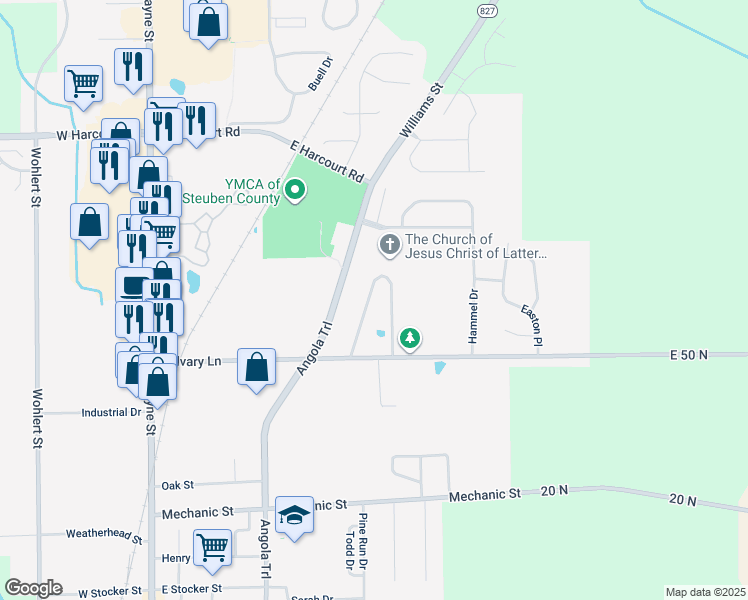 map of restaurants, bars, coffee shops, grocery stores, and more near 1410 Shire Drive in Angola