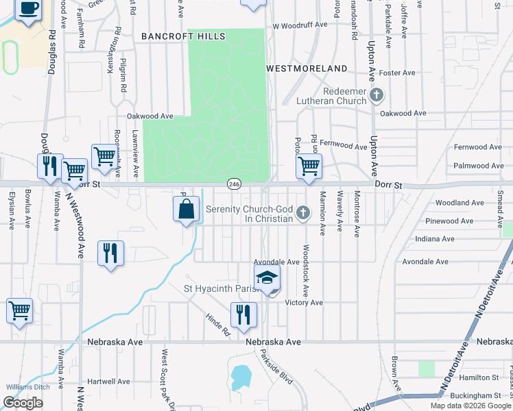 map of restaurants, bars, coffee shops, grocery stores, and more near 1130 Parkside Boulevard in Toledo