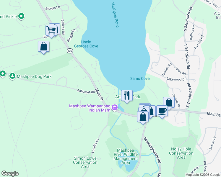 map of restaurants, bars, coffee shops, grocery stores, and more near 60 Redwood Circle in Mashpee