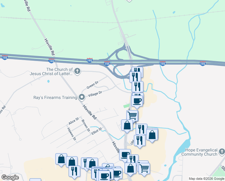 map of restaurants, bars, coffee shops, grocery stores, and more near 25 Village Drive in Dartmouth