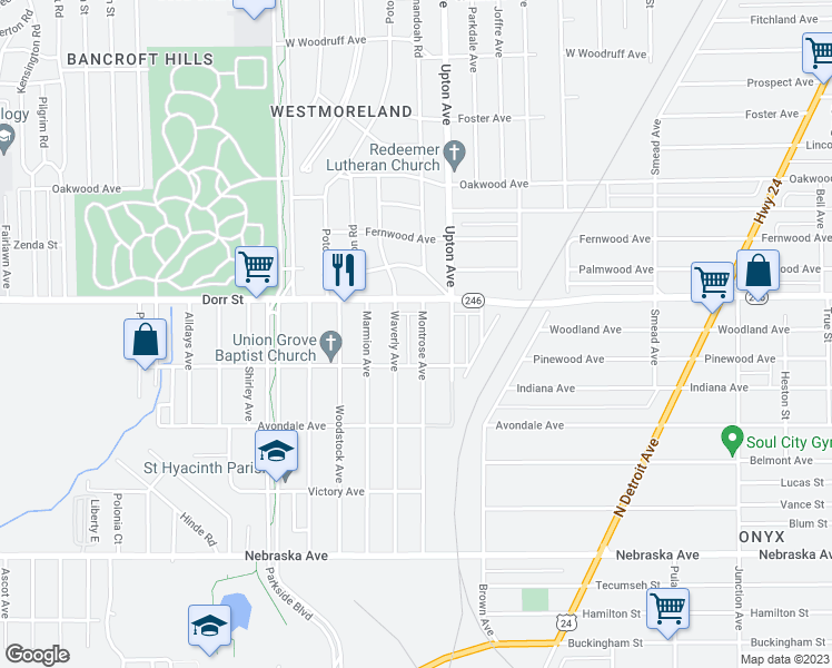 map of restaurants, bars, coffee shops, grocery stores, and more near 1131 Montrose Avenue in Toledo