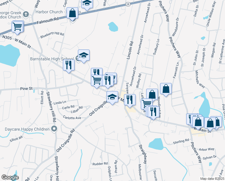 map of restaurants, bars, coffee shops, grocery stores, and more near 596 West Main Street in Barnstable