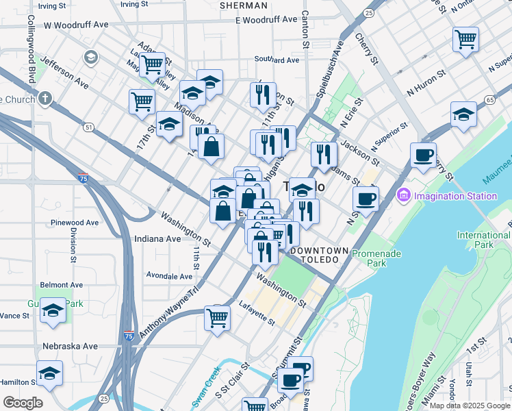 map of restaurants, bars, coffee shops, grocery stores, and more near in Toledo