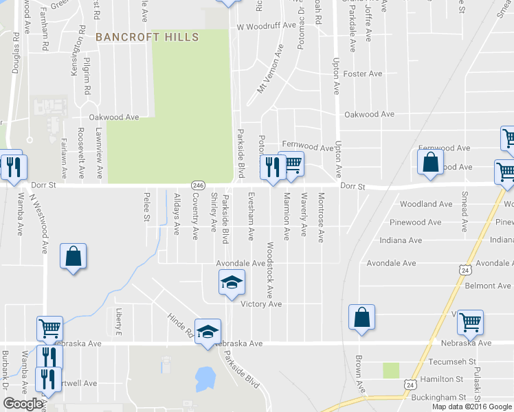 map of restaurants, bars, coffee shops, grocery stores, and more near 1206 Evesham Avenue in Toledo
