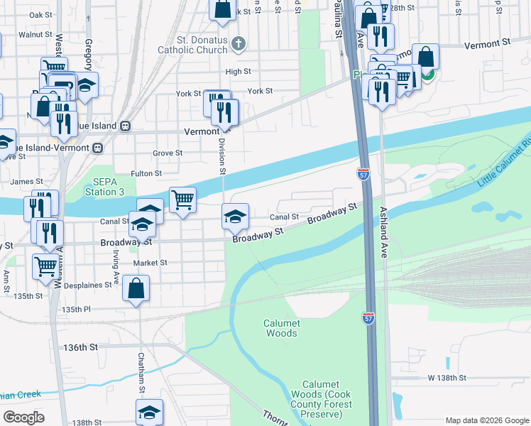 map of restaurants, bars, coffee shops, grocery stores, and more near 1900 Canal Street in Blue Island