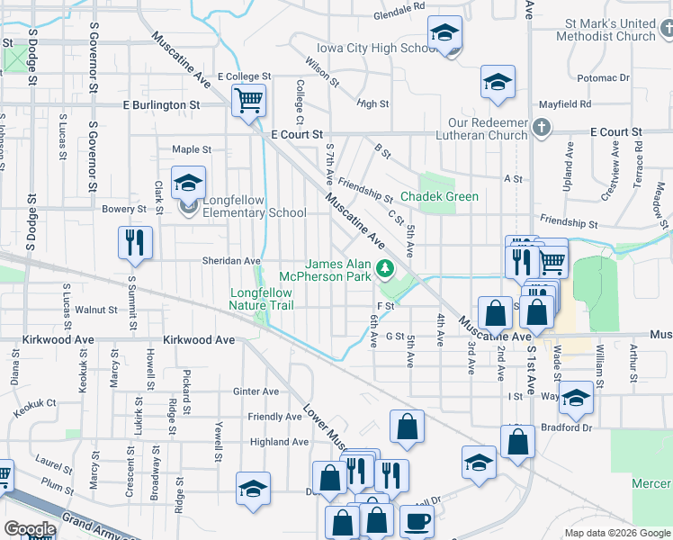 map of restaurants, bars, coffee shops, grocery stores, and more near 807 South 7th Avenue in Iowa City