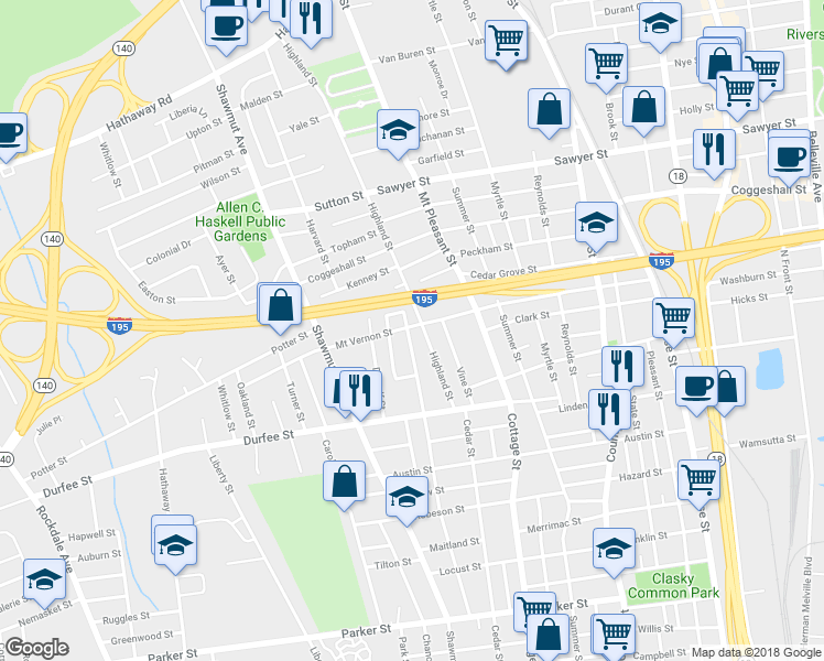 map of restaurants, bars, coffee shops, grocery stores, and more near 62 Mount Vernon Street in New Bedford