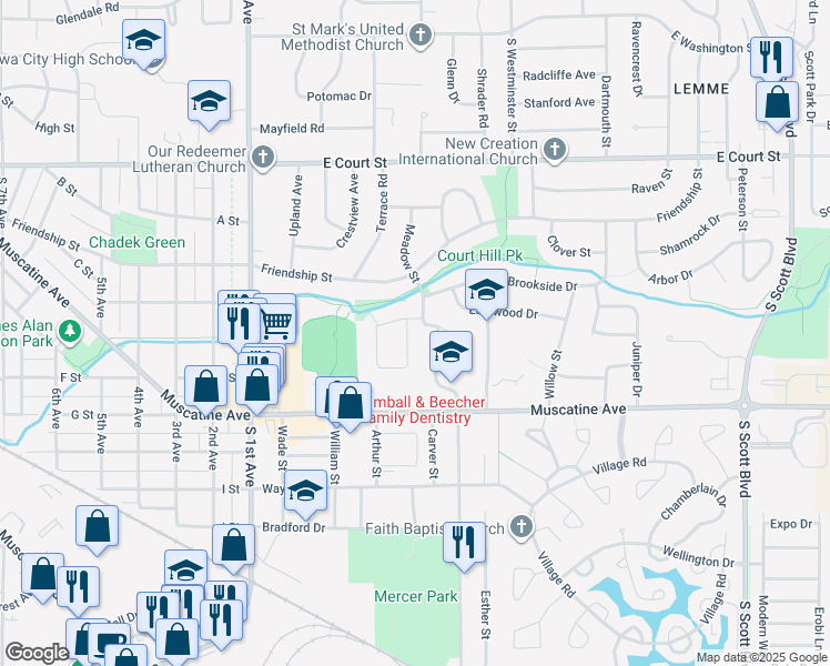 map of restaurants, bars, coffee shops, grocery stores, and more near 2310 Catskill Court in Iowa City
