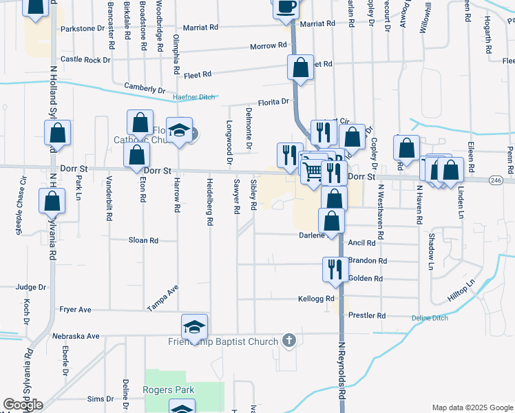 map of restaurants, bars, coffee shops, grocery stores, and more near 1122 Sibley Road in Toledo