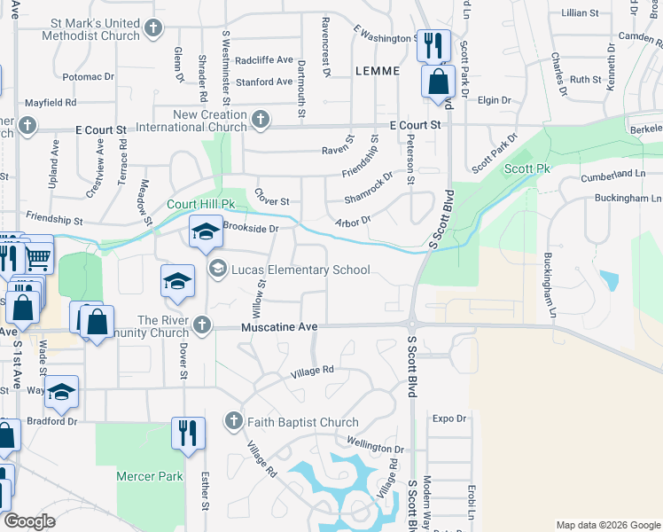 map of restaurants, bars, coffee shops, grocery stores, and more near 752 Juniper Drive in Iowa City