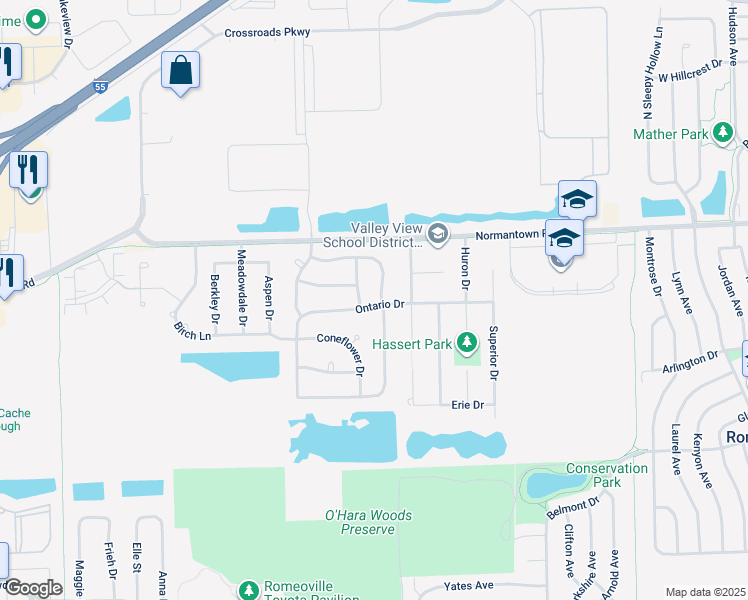 map of restaurants, bars, coffee shops, grocery stores, and more near in Romeoville