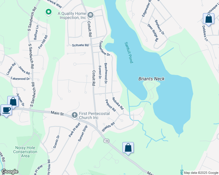 map of restaurants, bars, coffee shops, grocery stores, and more near 8 Timberlane Drive in Mashpee