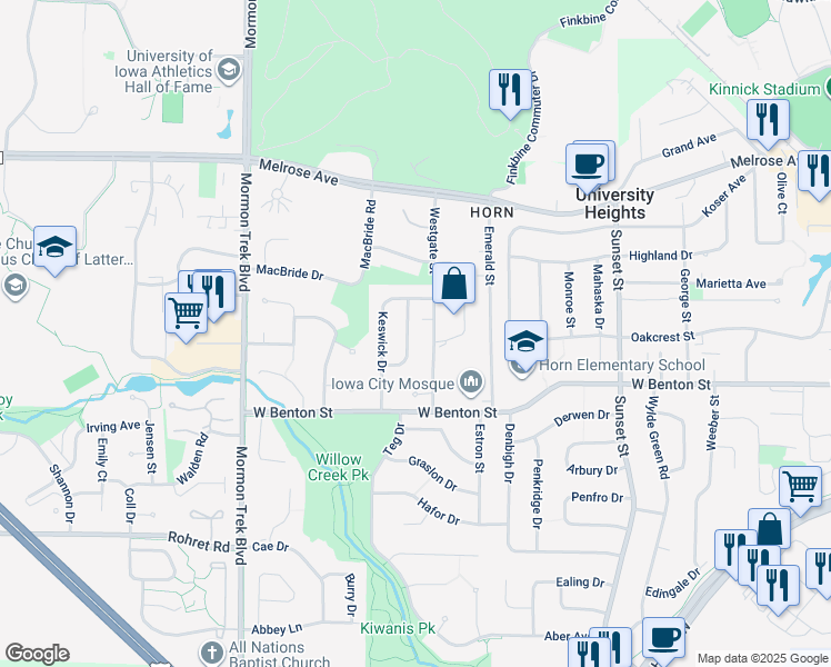 map of restaurants, bars, coffee shops, grocery stores, and more near 630 Wheaton Road in Iowa City