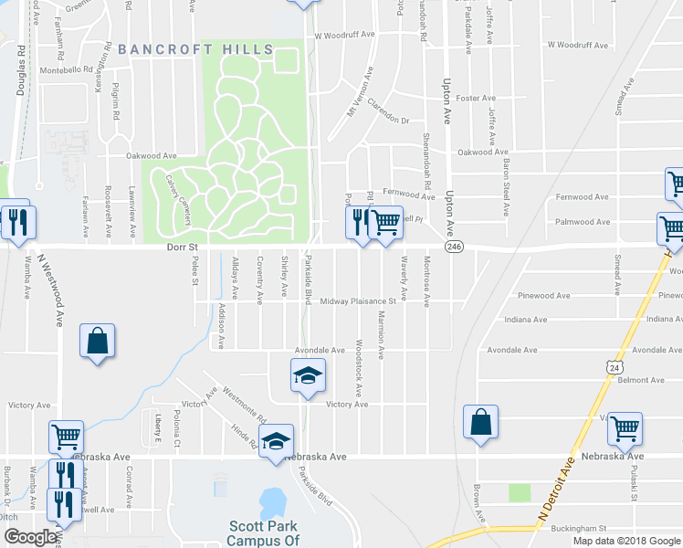 map of restaurants, bars, coffee shops, grocery stores, and more near 1132 Evesham Avenue in Toledo