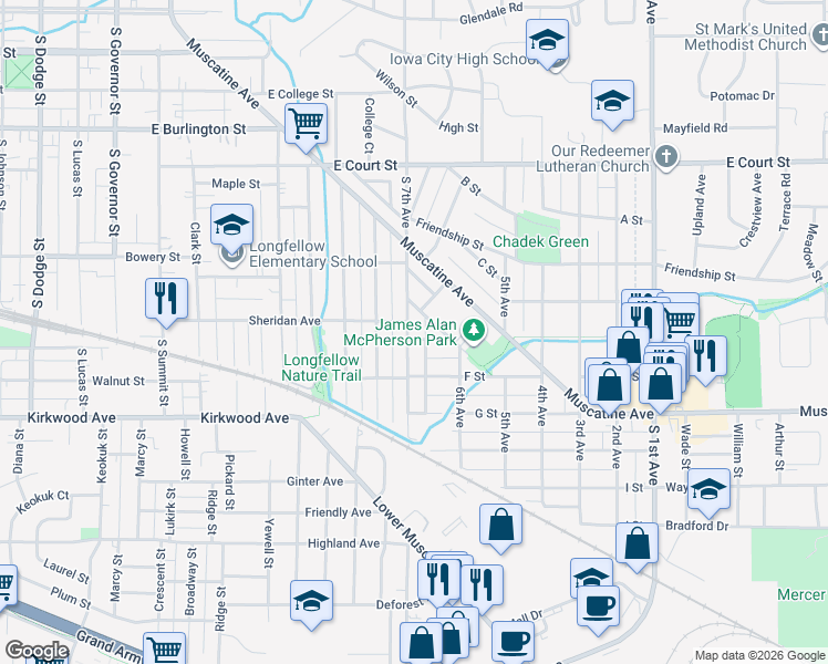 map of restaurants, bars, coffee shops, grocery stores, and more near 807 South 7th Avenue in Iowa City