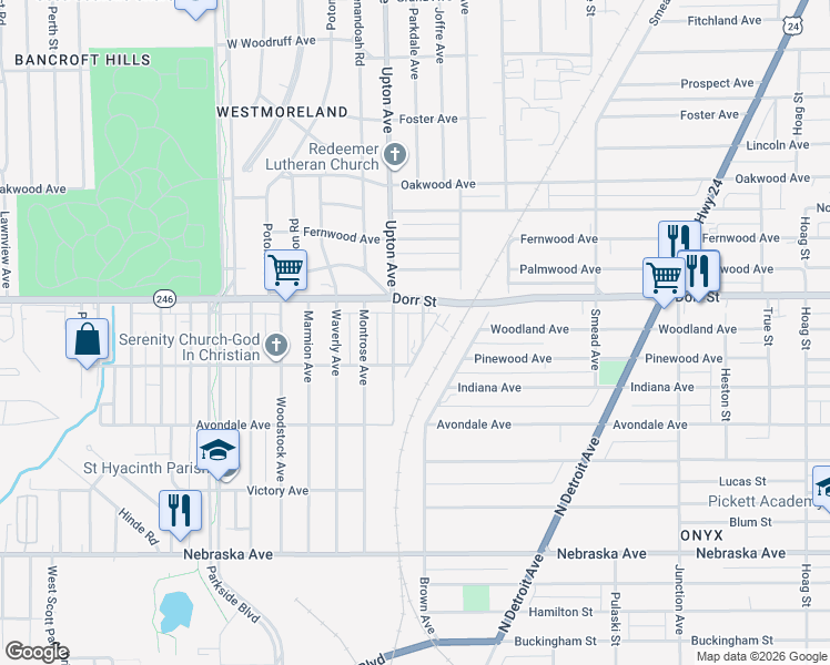 map of restaurants, bars, coffee shops, grocery stores, and more near 1135 Manila Street in Toledo