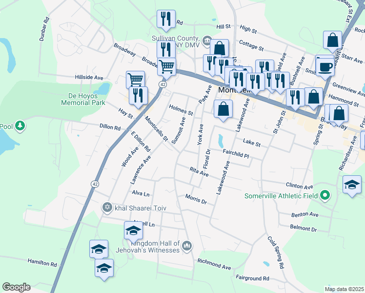 map of restaurants, bars, coffee shops, grocery stores, and more near 72 Park Avenue in Monticello