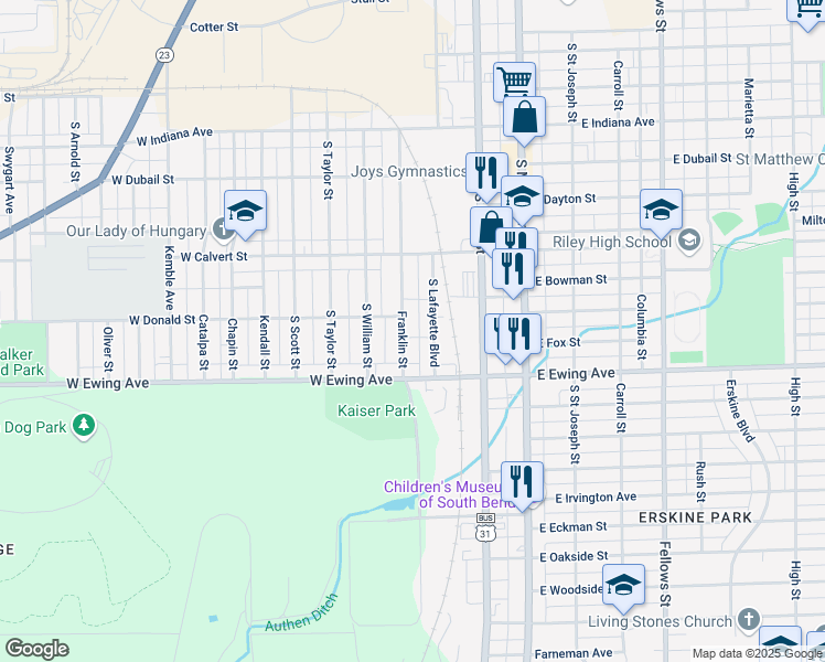 map of restaurants, bars, coffee shops, grocery stores, and more near 2100-2166 Franklin Street in South Bend