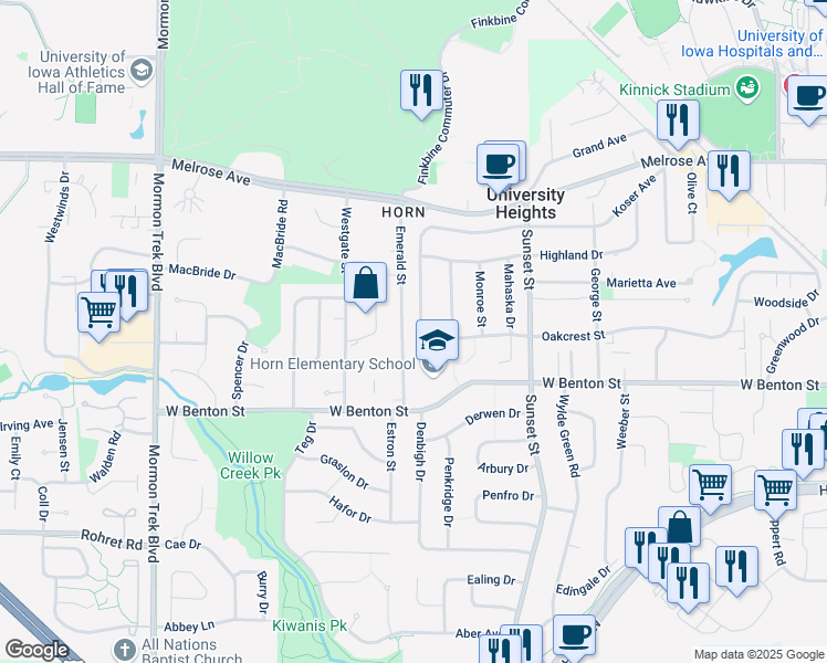 map of restaurants, bars, coffee shops, grocery stores, and more near 425 Koser Avenue in Iowa City