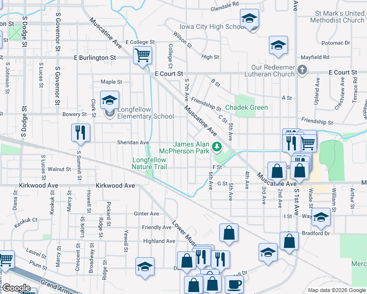 map of restaurants, bars, coffee shops, grocery stores, and more near 807 South 7th Avenue in Iowa City
