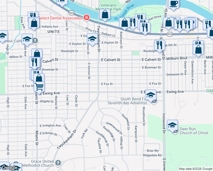 map of restaurants, bars, coffee shops, grocery stores, and more near 1532 East Fox Street in South Bend