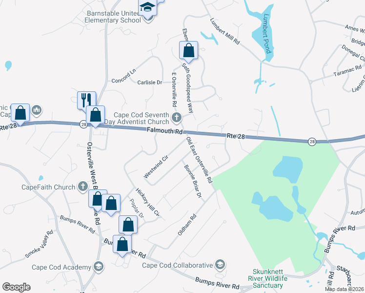 map of restaurants, bars, coffee shops, grocery stores, and more near 21 Westwind Circle in Barnstable