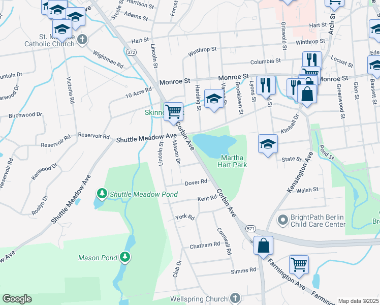 map of restaurants, bars, coffee shops, grocery stores, and more near 272 Corbin Avenue in New Britain