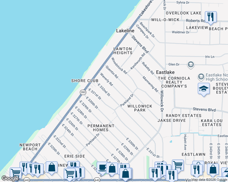 map of restaurants, bars, coffee shops, grocery stores, and more near 564 Waverly Rd in Eastlake