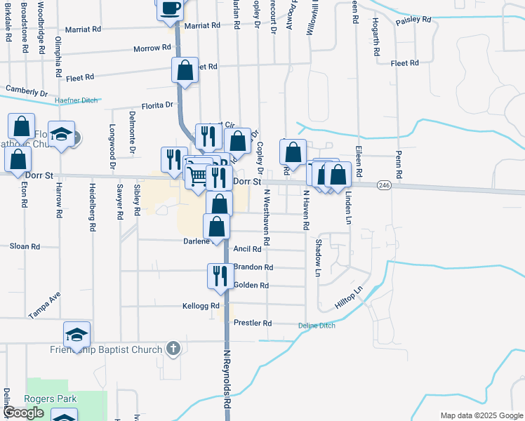 map of restaurants, bars, coffee shops, grocery stores, and more near 1301 N Westhaven Rd in Toledo
