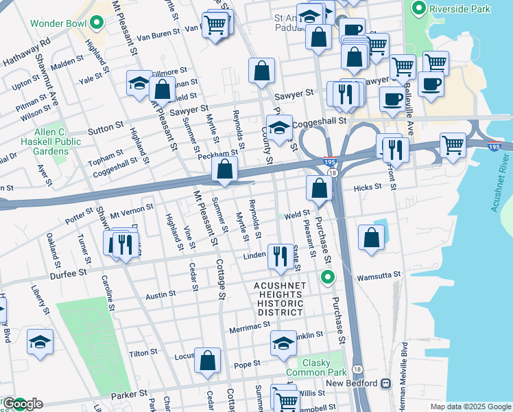map of restaurants, bars, coffee shops, grocery stores, and more near 56 Reynolds Street in New Bedford