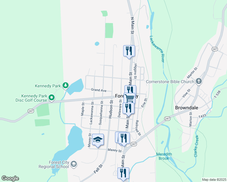 map of restaurants, bars, coffee shops, grocery stores, and more near 724-798 Hudson Street in Forest City