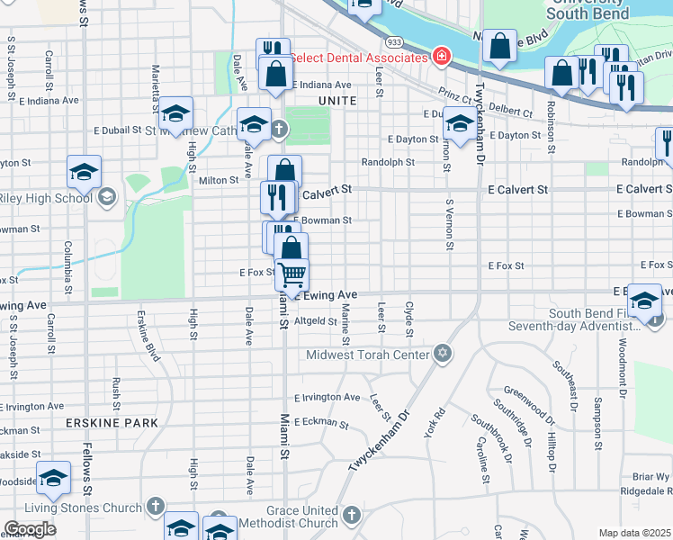 map of restaurants, bars, coffee shops, grocery stores, and more near 1156 East Fox Street in South Bend