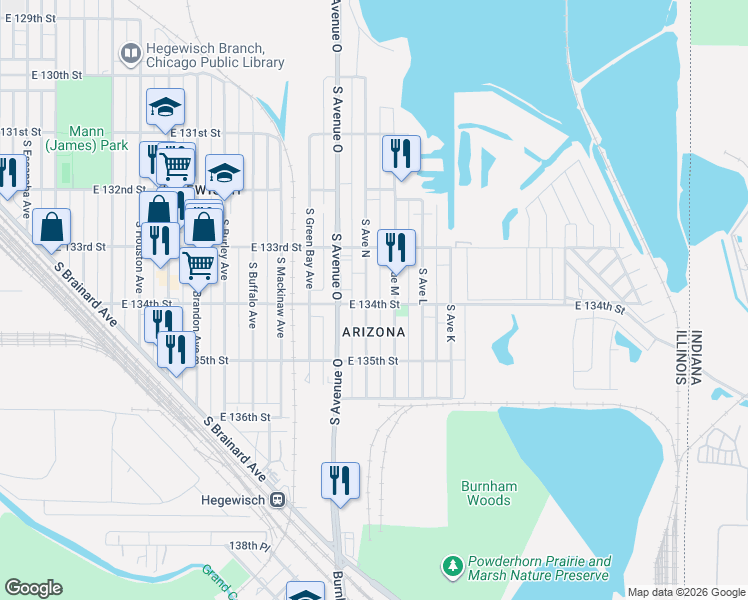 map of restaurants, bars, coffee shops, grocery stores, and more near 13357 S Avenue North in Chicago