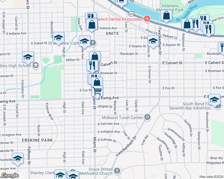 map of restaurants, bars, coffee shops, grocery stores, and more near 1202 East Fox Street in South Bend