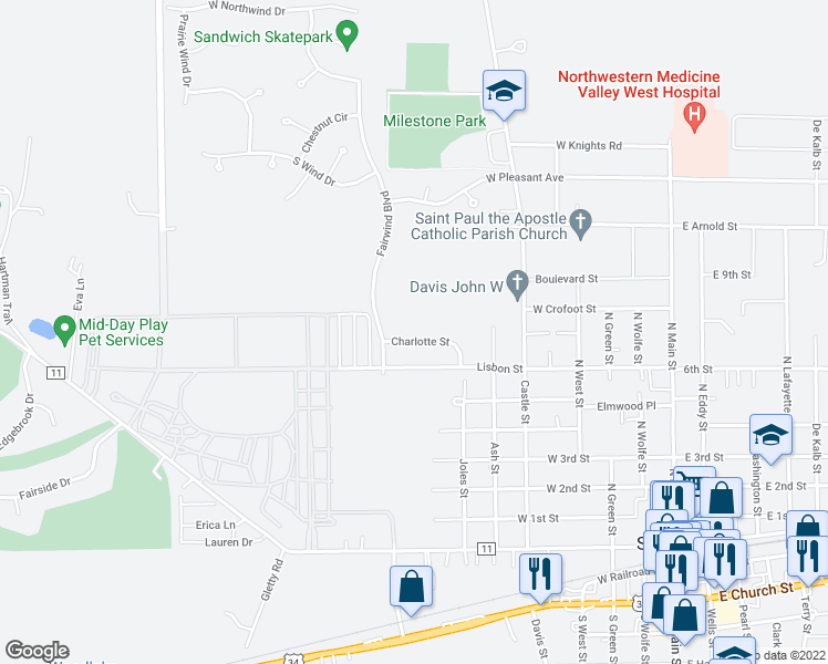 map of restaurants, bars, coffee shops, grocery stores, and more near 707 Charlotte Street in Sandwich