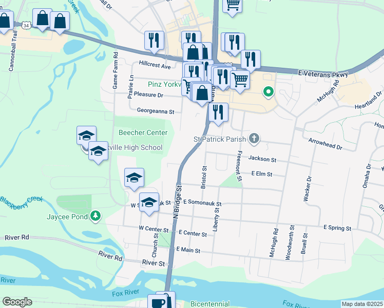 map of restaurants, bars, coffee shops, grocery stores, and more near 718b North Bridge Street in Yorkville