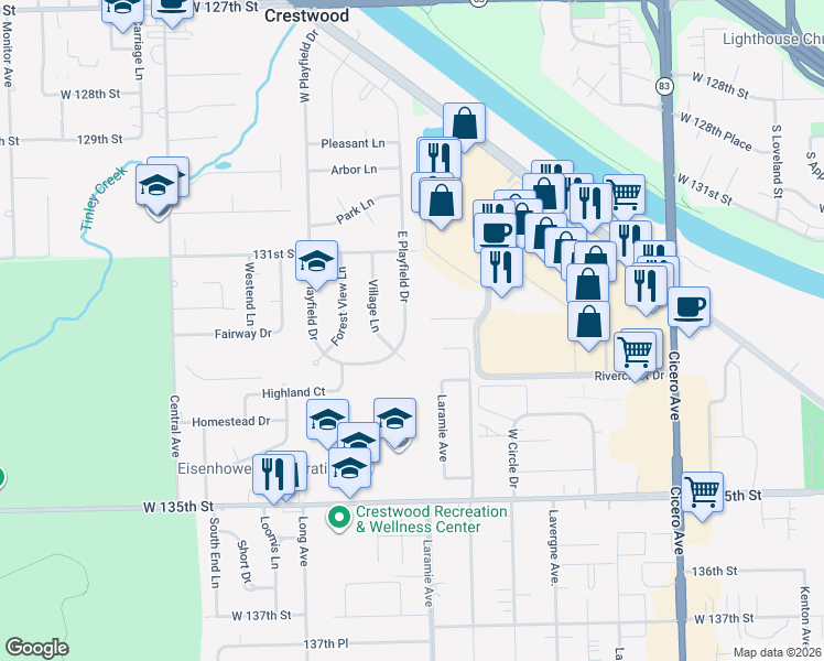 map of restaurants, bars, coffee shops, grocery stores, and more near 13217 East Playfield Drive in Crestwood