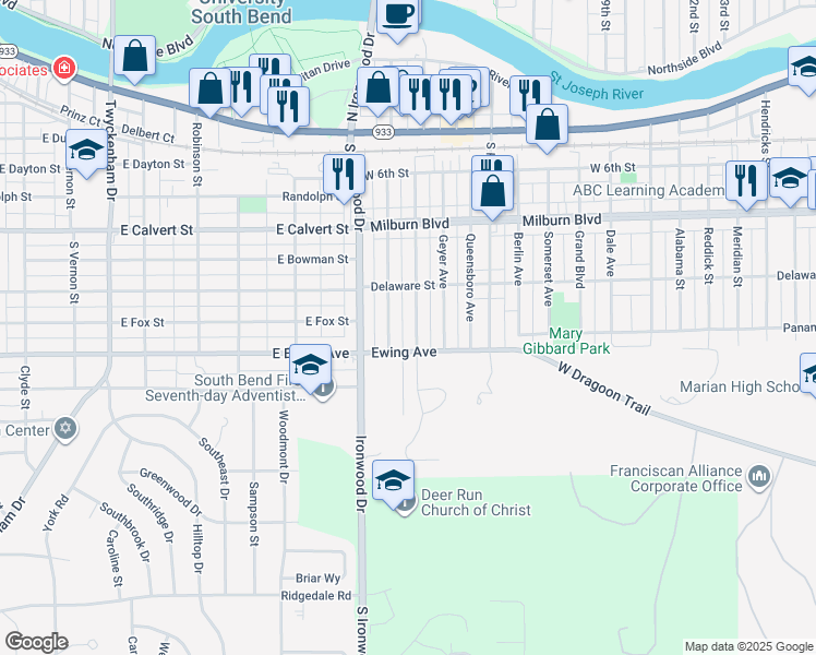 map of restaurants, bars, coffee shops, grocery stores, and more near 1007 South Middleboro Avenue in Mishawaka
