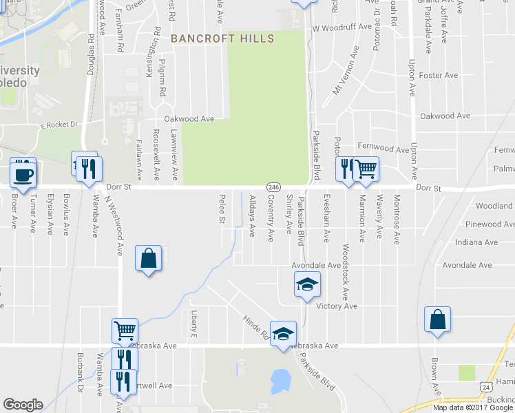map of restaurants, bars, coffee shops, grocery stores, and more near 1124 Alldays Avenue in Toledo
