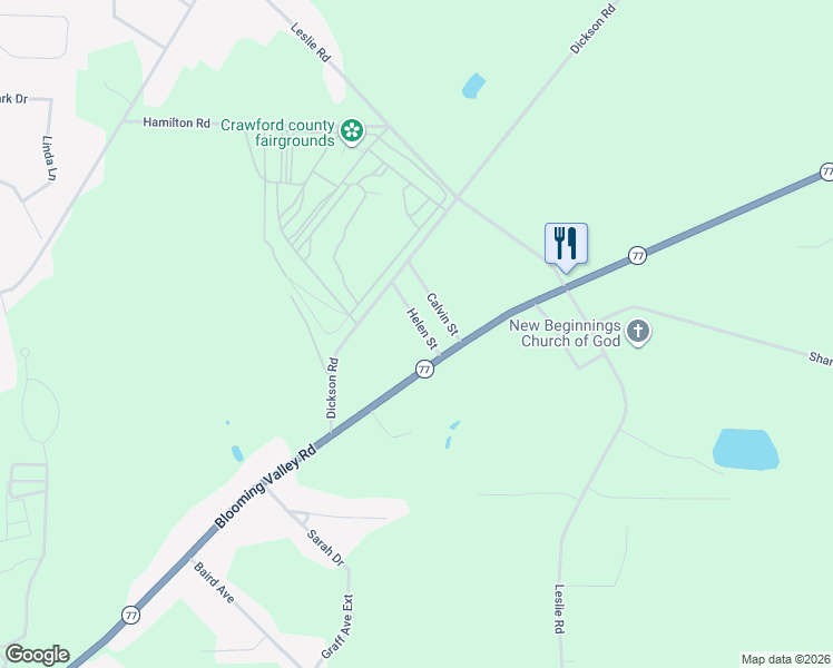 map of restaurants, bars, coffee shops, grocery stores, and more near 13200-13398 Helen St in Meadville