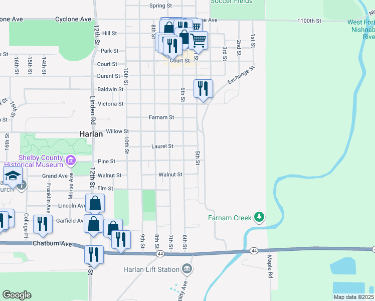 map of restaurants, bars, coffee shops, grocery stores, and more near 1704 6th Street in Harlan