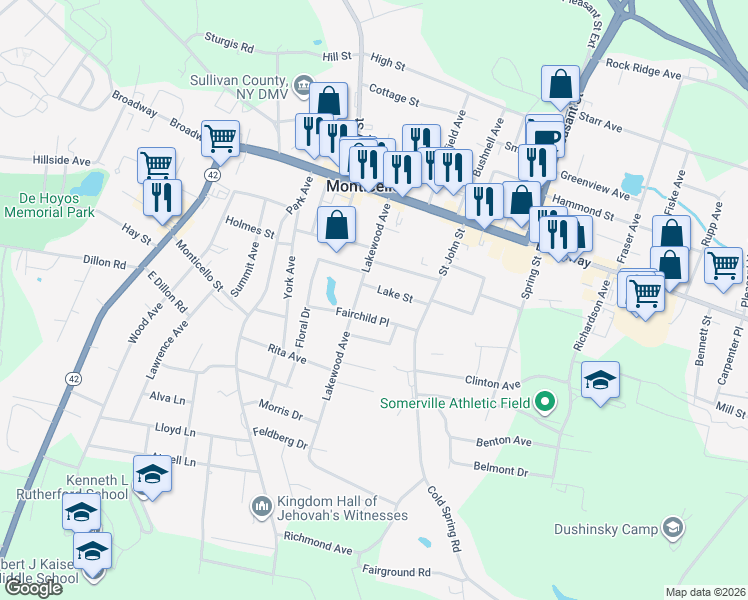 map of restaurants, bars, coffee shops, grocery stores, and more near 51 Lakewood Ave in Monticello