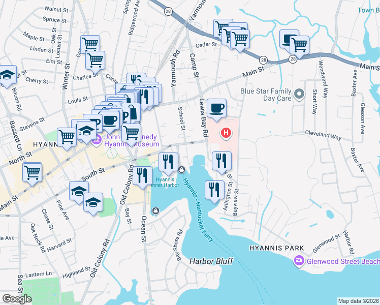 map of restaurants, bars, coffee shops, grocery stores, and more near 110 School Street in Barnstable