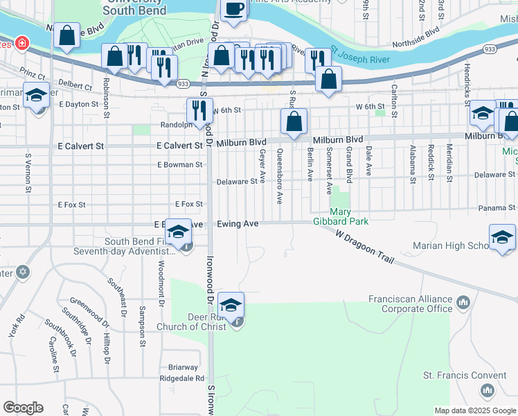 map of restaurants, bars, coffee shops, grocery stores, and more near 1015 Geyer Avenue in Mishawaka